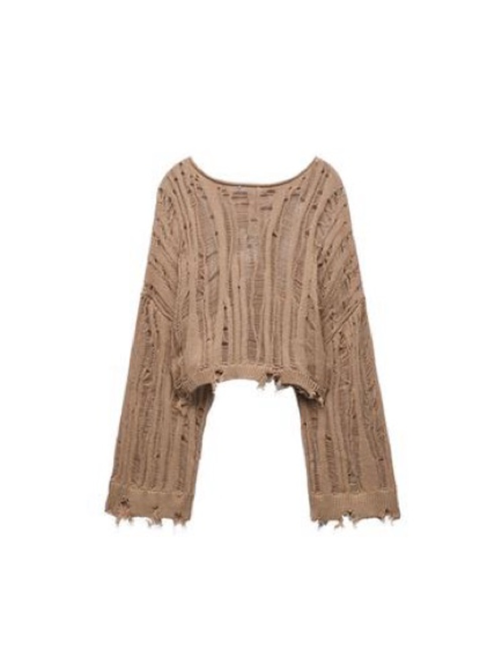 Zara Ripped Distressed Cropped Knit Sweater Taupe NWOT Size - S